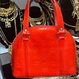 MCM Glossy Red Satchel Bag